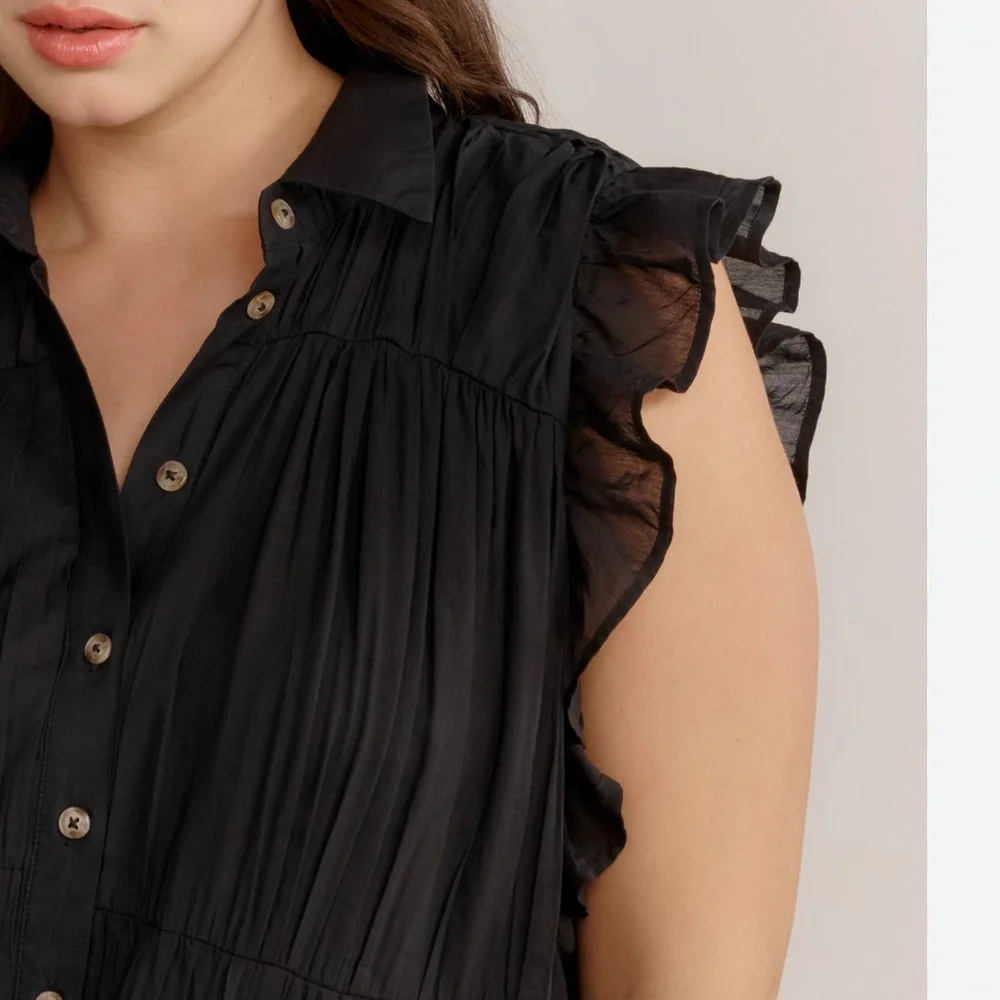 Anthropologie Sleeveless Ruffle Mini Shirt Dress Black Button Cotton Collar NWOT - Picture 4 of 13